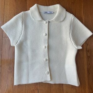 Zara White Knit Button-Up Sweater Peter Pan collar NWOT